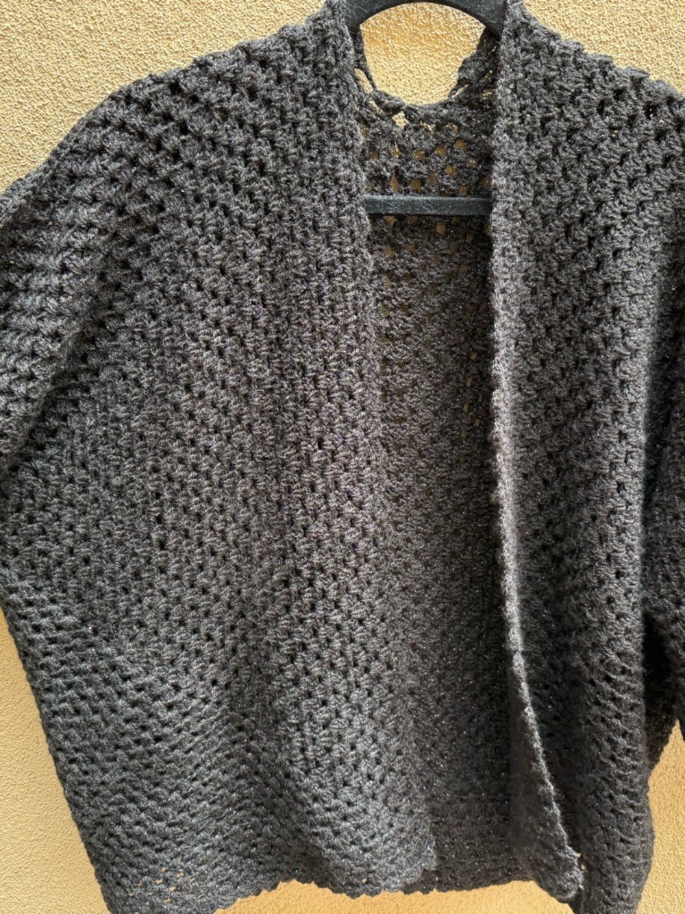 Cozy Hand-Crocheted Open-Front Women Cardigan Sweater Black with Silver Glitter
